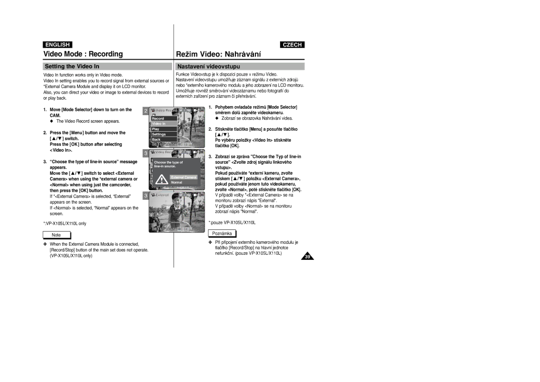 Samsung VP-X110L/XEF, VP-X110L/XET Setting the Video Nastavení videovstupu, Video In function works only in Video mode 