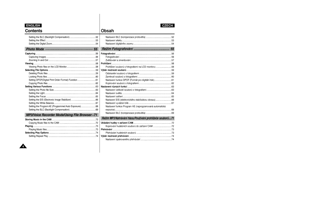 Samsung VP-X110L/EUR, VP-X110L/XEF, VP-X110L/XET, VP-X110LMEM, VP-X110L/XEC, VP-X105L/XEH, VP-X110L/XEH, VP-X105L/XEE manual Obsah 