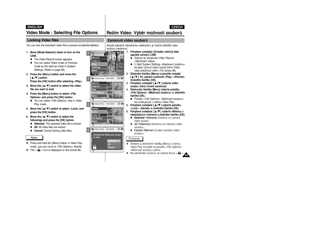 Samsung VP-X110L/EUR, VP-X110L/XEF, VP-X110L/XET Locking Video files Zamknutí video souborÛ, Soubor, kter˘ chcete zamknout 