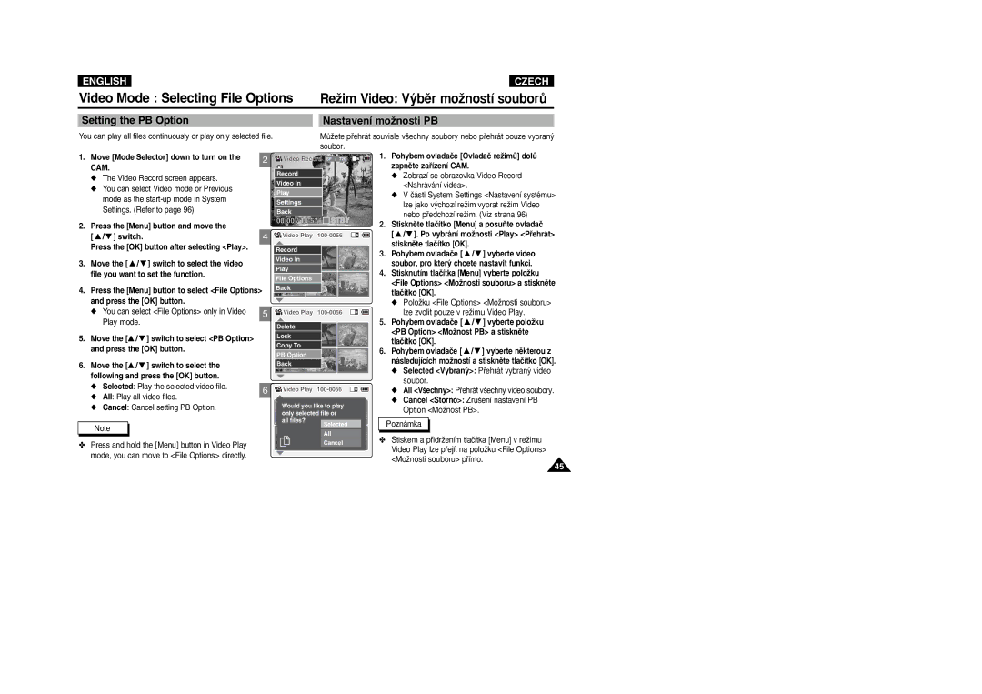 Samsung VP-X110L/XEH Setting the PB Option Nastavení moÏnosti PB, Press the Menu button and move Switch, Option MoÏnost PB 