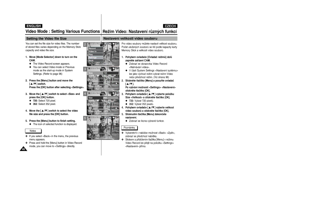 Samsung VP-X105L/XEE manual Move the / switch to select Size and 4 press the OK button, Select 720 pixel Select 352 pixel 