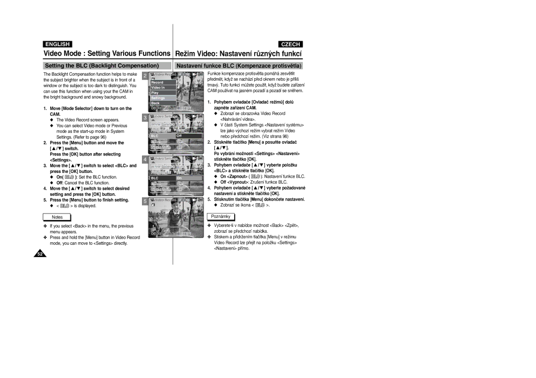 Samsung VP-X110L/XEF manual Setting the BLC Backlight Compensation, On Set the BLC function Off Cancel the BLC function 