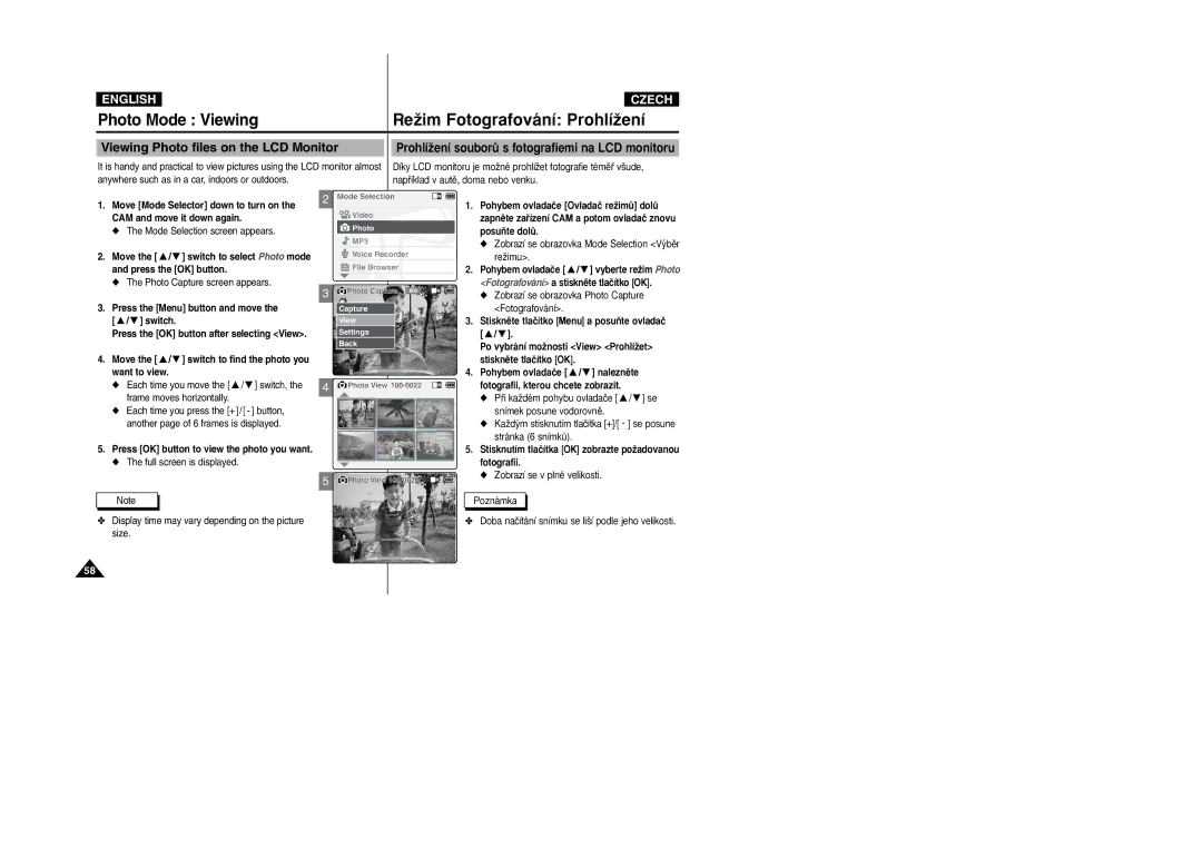 Samsung VP-X110L/XEH, VP-X110L/XEF, VP-X110L/XET, VP-X110LMEM Photo Mode Viewing, Viewing Photo files on the LCD Monitor 