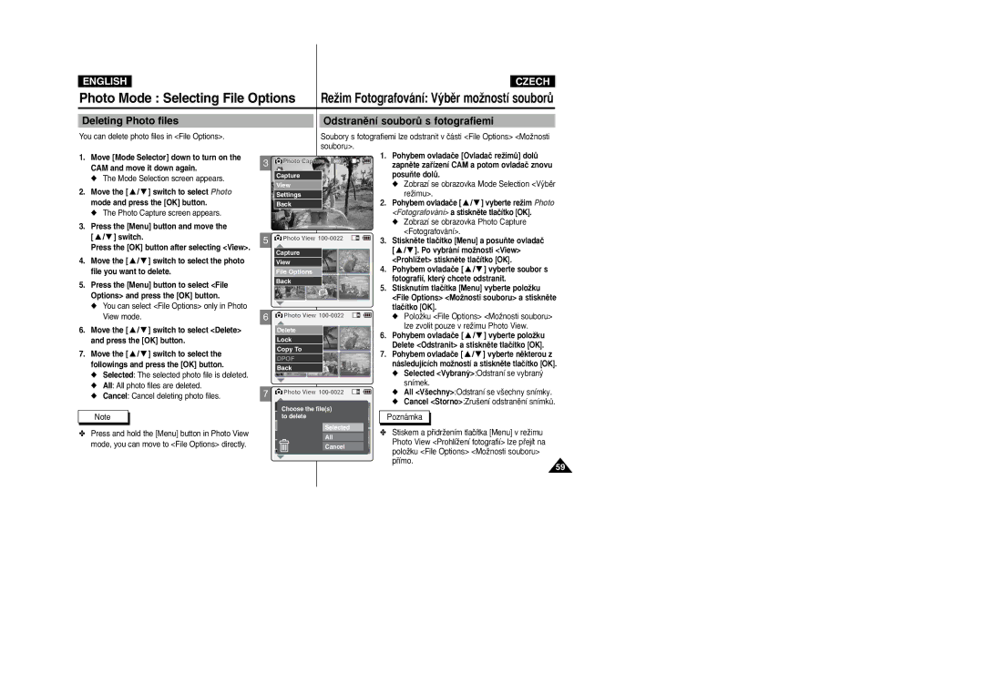 Samsung VP-X105L/XEE, VP-X110L/XEF manual Photo Mode Selecting File Options, ReÏim Fotografování V˘bûr moÏností souborÛ 