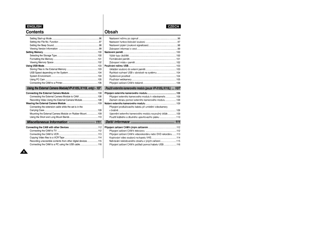 Samsung VP-X110L/XEH, VP-X110L/XEF, VP-X110L/XET, VP-X110LMEM, VP-X110L/XEC 107, Pﬁipojení externího kamerového modulu 108 