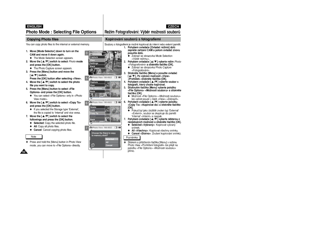 Samsung VP-X105L/XEV manual Copying Photo files Kopírování souborÛ s fotografiemi, Fotografií, kter˘ chcete kopírovat 