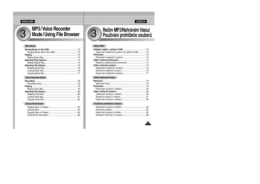 Samsung VP-X110L/XEH manual MP3 Mode, Voice Recorder Mode, Using File Browser, ReÏim MP3, PouÏívání prohlíÏeãe souborÛ 