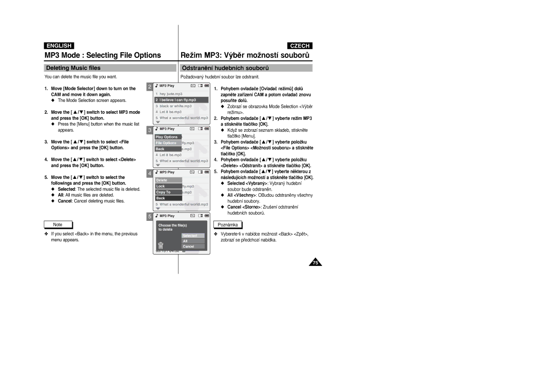 Samsung VP-X105L/XEV manual Deleting Music files, Odstranûní hudebních souborÛ, You can delete the music file you want 