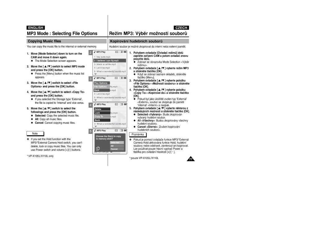 Samsung VP-X110L/COL Copying Music files, Kopírování hudebních souborÛ, Cancel Storno Zru‰ení kopírování hudebních souborÛ 