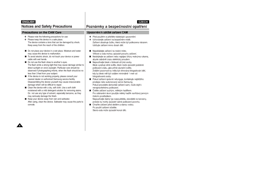Samsung VP-X105L/SEO, VP-X110L/XEF, VP-X110L/XET, VP-X110LMEM Poznámky a bezpeãnostní opatﬁení, Precautions on the CAM Care 