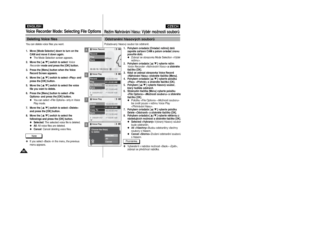 Samsung VP-X110LMEM, VP-X110L/XEF, VP-X110L/XET, VP-X110L/XEC manual You can select File Options only in Voice Play mode 