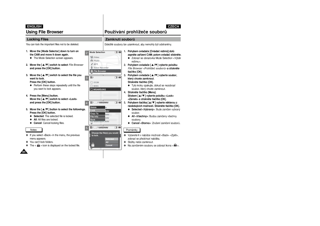 Samsung VP-X110L/XEH, VP-X110L/XEF, VP-X110L/XET, VP-X110LMEM Locking Files Zamknutí souborÛ, Zámek a stisknûte tlaãítko OK 