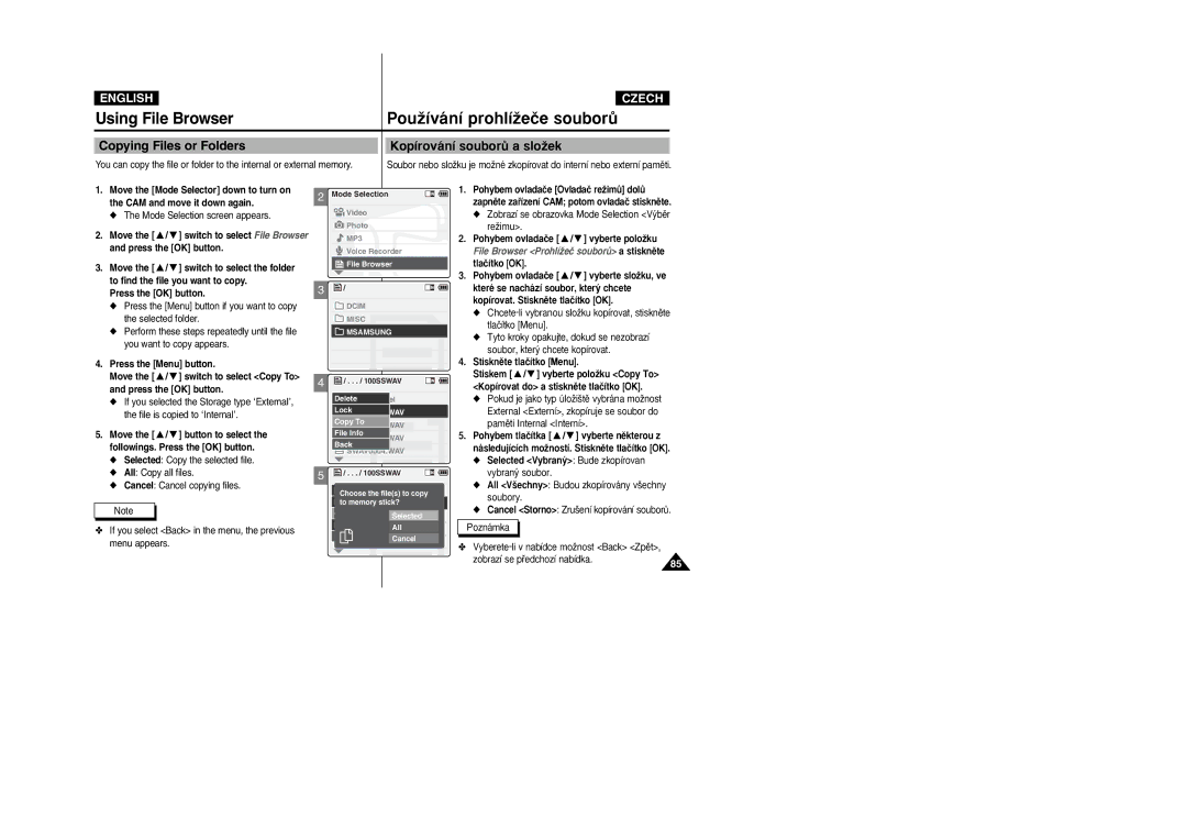 Samsung VP-X105L/XEE, VP-X110L/XEF, VP-X110L/XET, VP-X110LMEM manual Copying Files or Folders, Kopírování souborÛ a sloÏek 