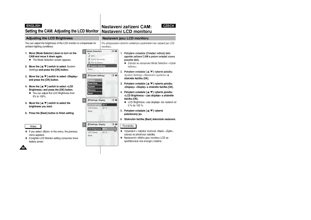 Samsung VP-X105L/XEV, VP-X110L/XEF, VP-X110L/XET manual Adjusting the LCD Brightness Nastavení jasu LCD monitoru, do 100 % 