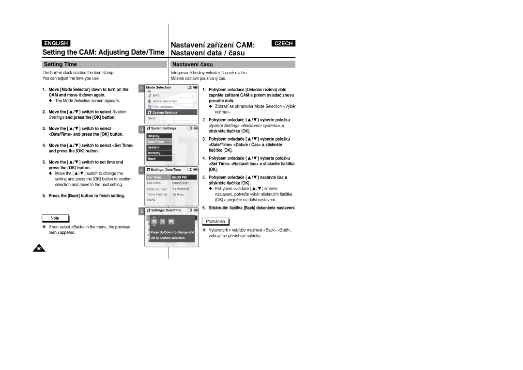 Samsung VP-X110L/COL, VP-X110L/XEF, VP-X110L/XET, VP-X110LMEM, VP-X110L/XEC, VP-X110L/EUR manual Setting Time, Nastavení ãasu 