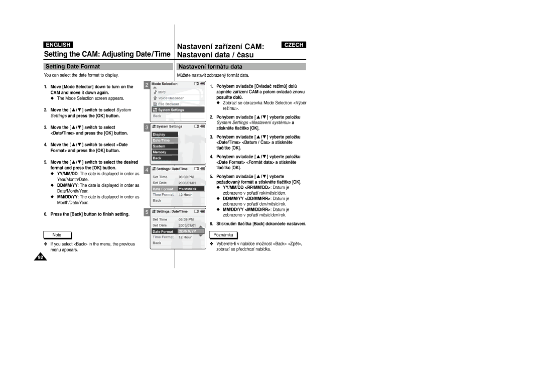 Samsung VP-X110L/XET, VP-X110L/XEF Setting Date Format, Nastavení formátu data, You can select the date format to display 