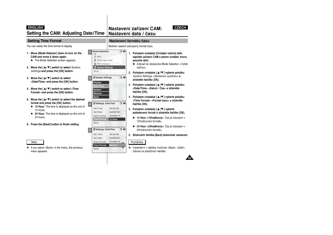 Samsung VP-X110LMEM, VP-X110L/XEF Setting Time Format, Nastavení formátu ãasu, You can select the time format to display 