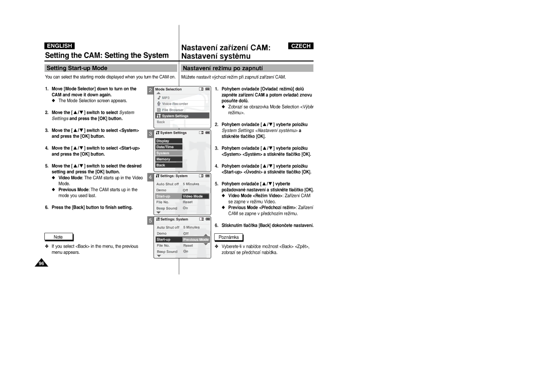 Samsung VP-X105L/XEH, VP-X110L/XEF, VP-X110L/XET, VP-X110LMEM, VP-X110L/XEC Setting Start-up Mode Nastavení reÏimu po zapnutí 