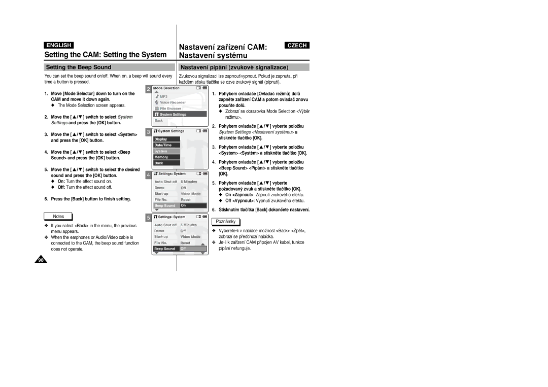 Samsung VP-X105L/XEE, VP-X110L/XEF, VP-X110L/XET, VP-X110LMEM Setting the Beep Sound Nastavení pípání zvukové signalizace 