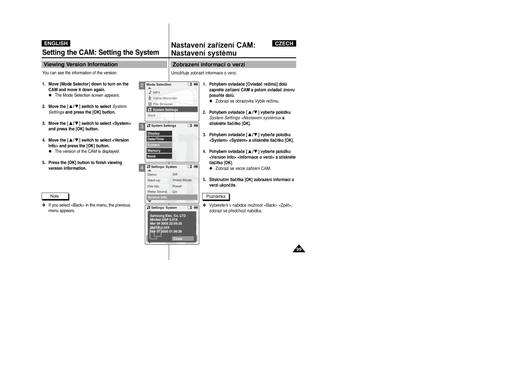 Samsung VP-X105L/SEO, VP-X110L/XEF, VP-X110L/XET, VP-X110LMEM manual Viewing Version Information, Zobrazení informací o verzi 