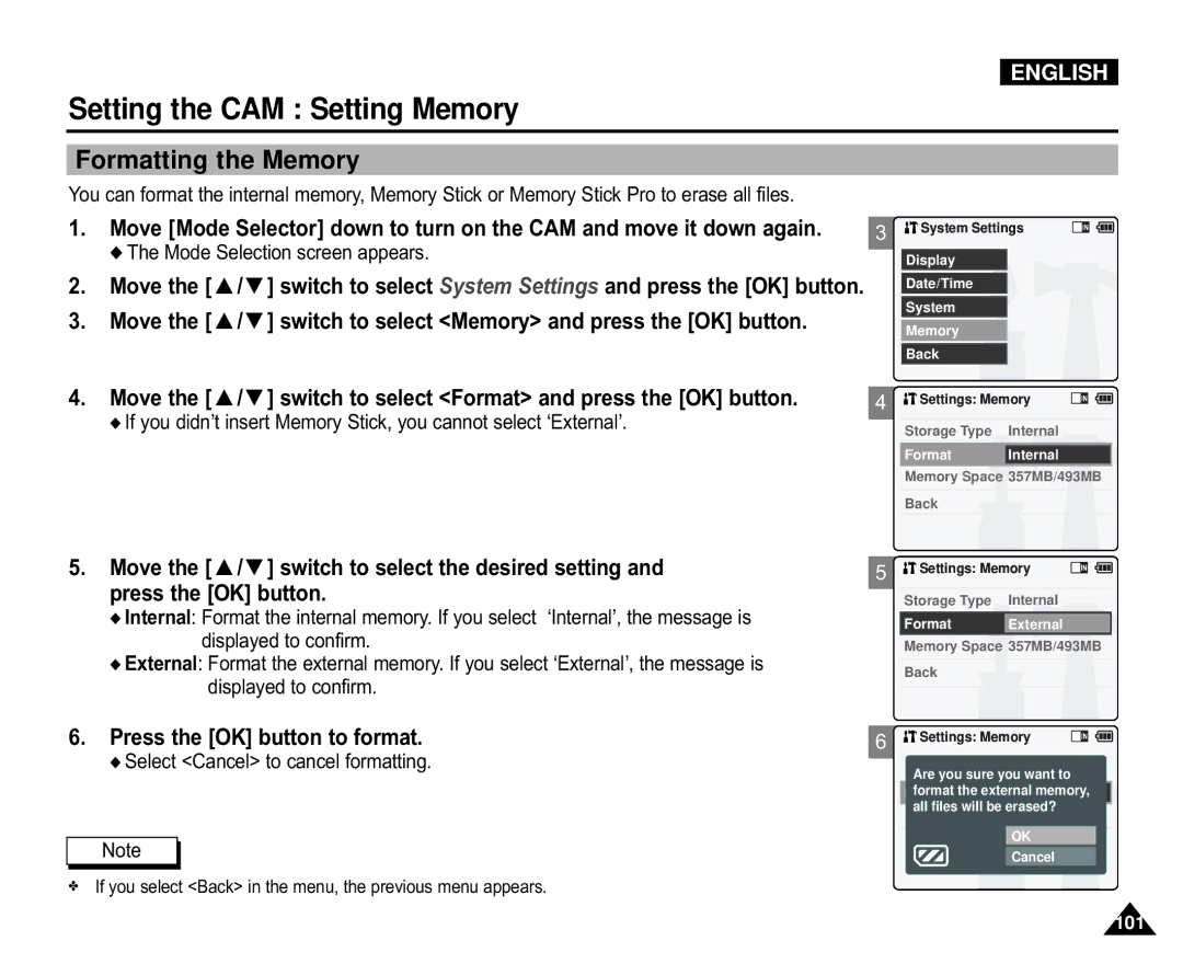 Samsung VP-X105L/XEV, VP-X110L/XEF Setting the CAM Setting Memory, Formatting the Memory, Press the OK button to format 