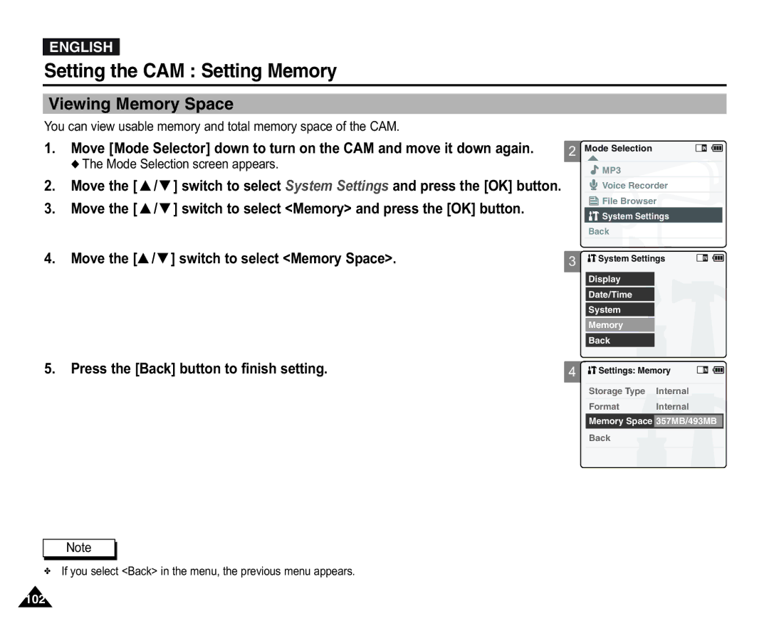 Samsung VP-X110L/XEG, VP-X110L/XEF manual Viewing Memory Space, You can view usable memory and total memory space of the CAM 