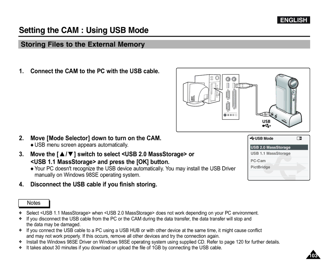 Samsung VP-X110L/COL, VP-X110L/XEF, VP-X110L/XET manual Setting the CAM Using USB Mode, Storing Files to the External Memory 