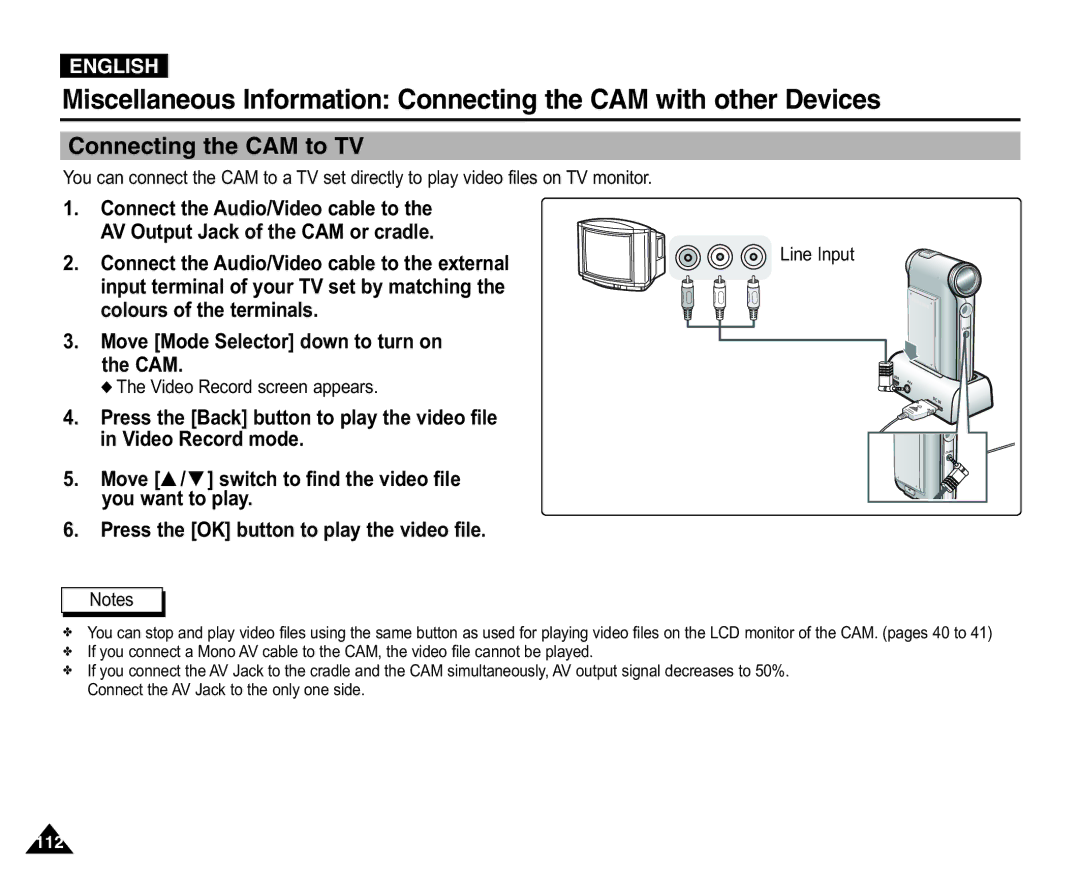 Samsung VP-X105L/SEO Connecting the CAM to TV, Connect the Audio/Video cable to the external, Video Record screen appears 