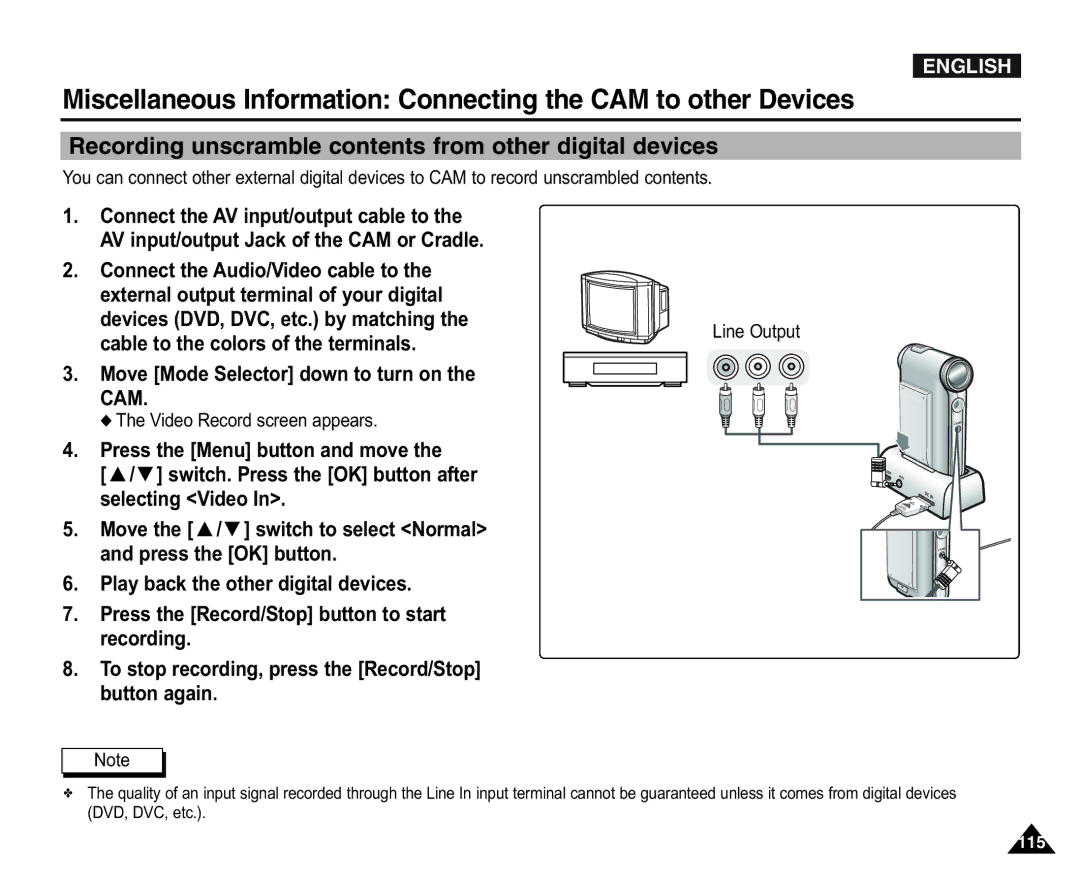 Samsung VP-X110L/XEG, VP-X110L/XEF, VP-X110L/XET, VP-X110LMEM manual Recording unscramble contents from other digital devices 