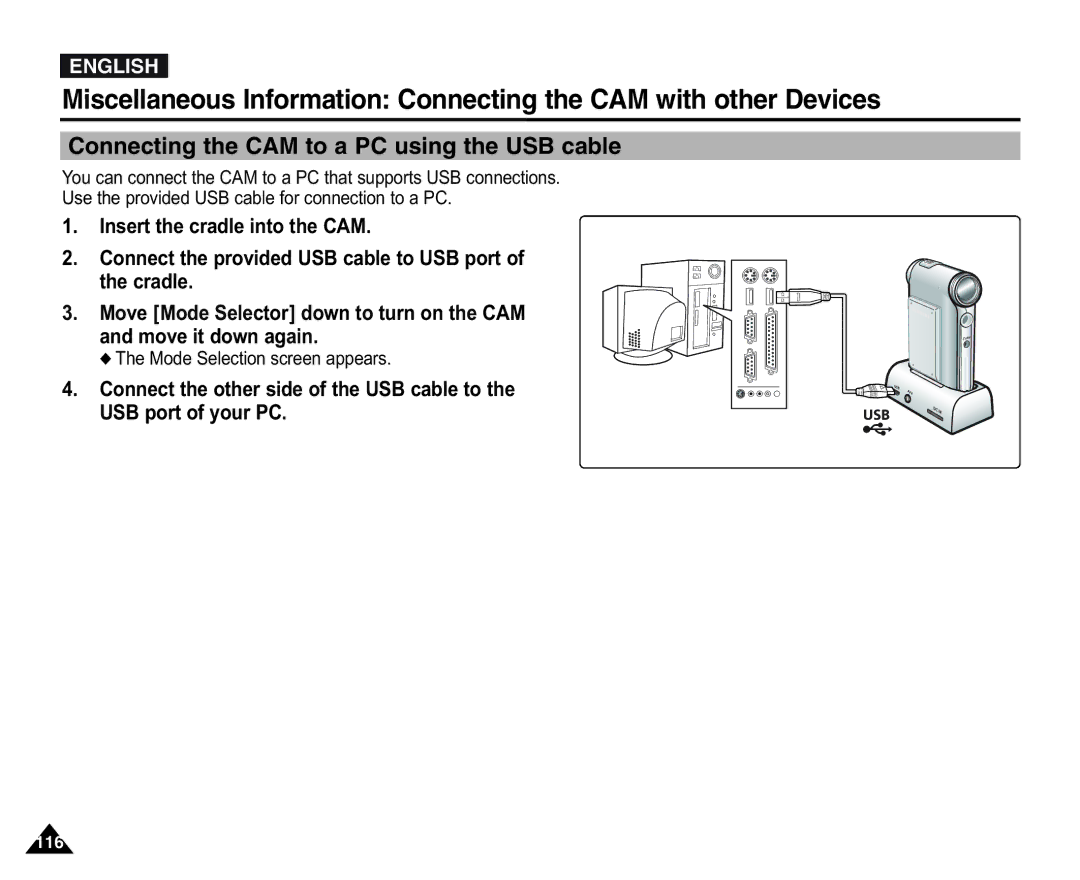 Samsung VP-X110L/COL, VP-X110L/XEF, VP-X110L/XET, VP-X110LMEM, VP-X110L/XEC Connecting the CAM to a PC using the USB cable 