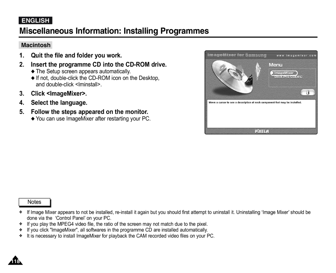 Samsung VP-X110L/XET, VP-X110L/XEF, VP-X110LMEM, VP-X110L/XEC Macintosh, You can use ImageMixer after restarting your PC 