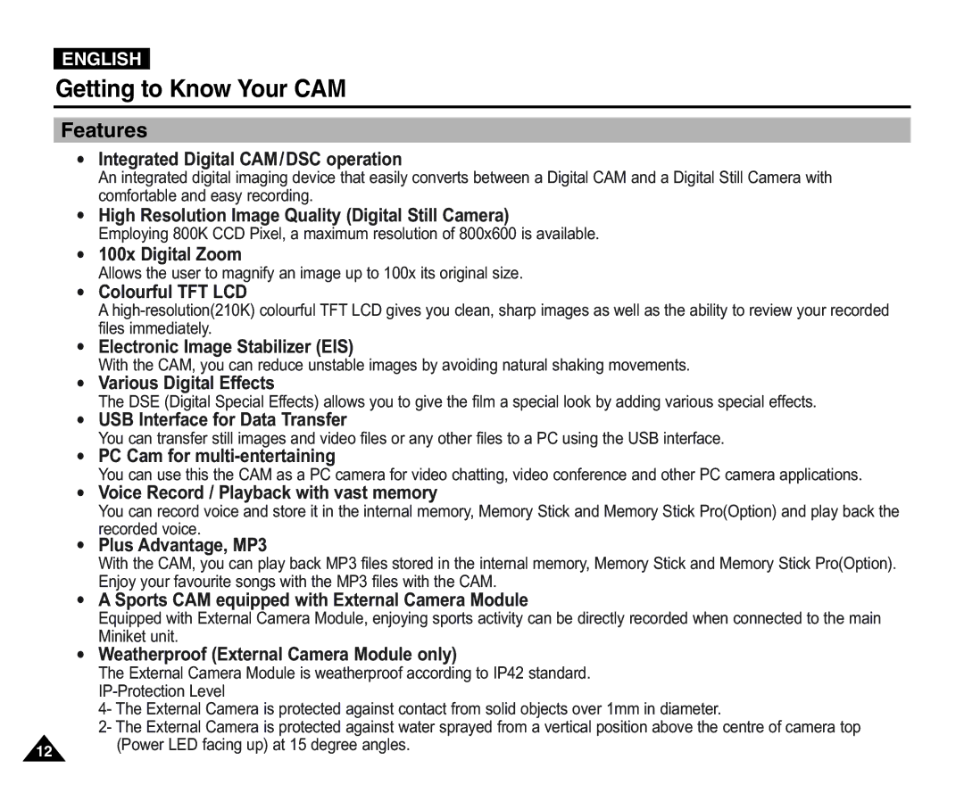 Samsung VP-X110L/COL, VP-X110L/XEF, VP-X110L/XET, VP-X110LMEM, VP-X110L/XEC, VP-X110L/EUR Getting to Know Your CAM, Features 