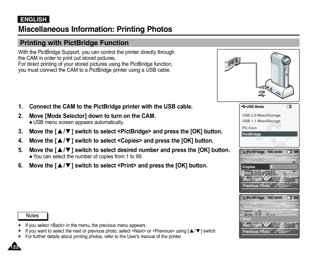 Samsung VP-X105L/XEH, VP-X110L/XEF manual Miscellaneous Information Printing Photos, Printing with PictBridge Function 