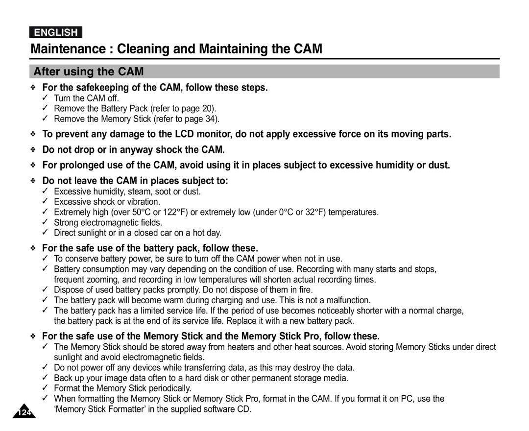 Samsung VP-X105L/XEE, VP-X110L/XEF, VP-X110L/XET manual Maintenance Cleaning and Maintaining the CAM, After using the CAM 