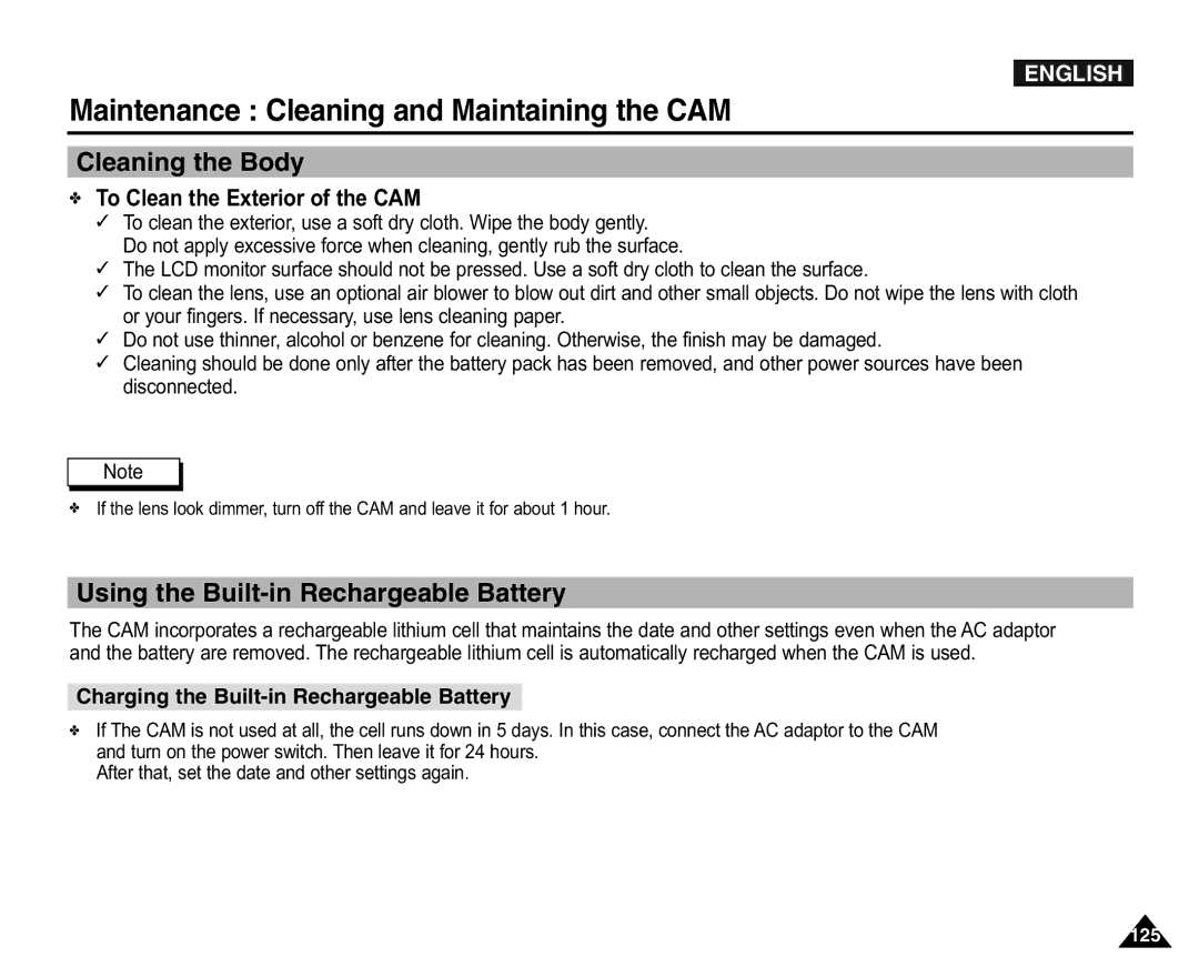 Samsung VP-X105L/SEO manual Cleaning the Body, Using the Built-in Rechargeable Battery, To Clean the Exterior of the CAM 