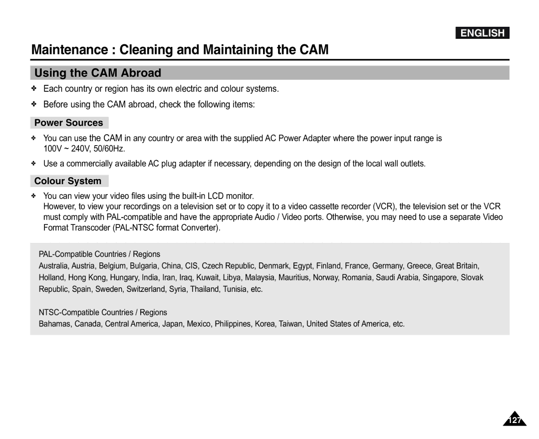 Samsung VP-X105L/XEV, VP-X110L/XEF, VP-X110L/XET, VP-X110LMEM manual Using the CAM Abroad, Power Sources, Colour System 