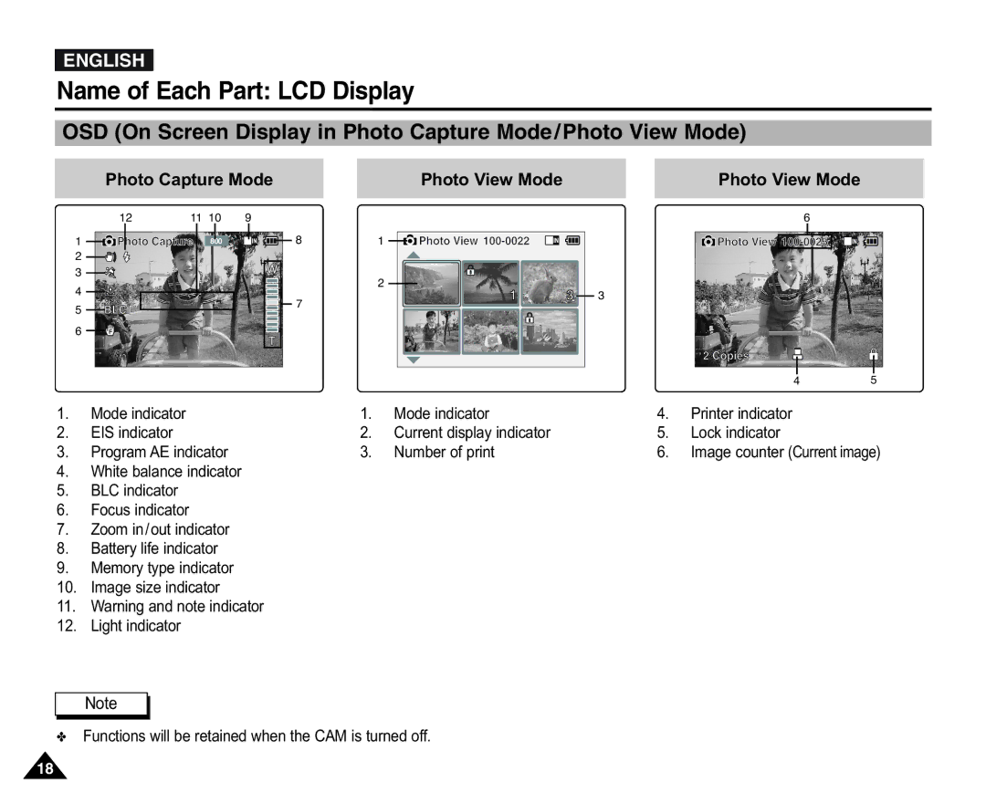 Samsung VP-X105L/XEH manual OSD On Screen Display in Photo Capture Mode/Photo View Mode, Photo Capture Mode Photo View Mode 