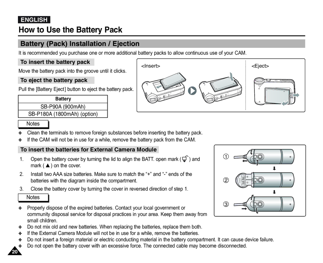 Samsung VP-X105L/XEE manual How to Use the Battery Pack, Battery Pack Installation / Ejection, To insert the battery pack 