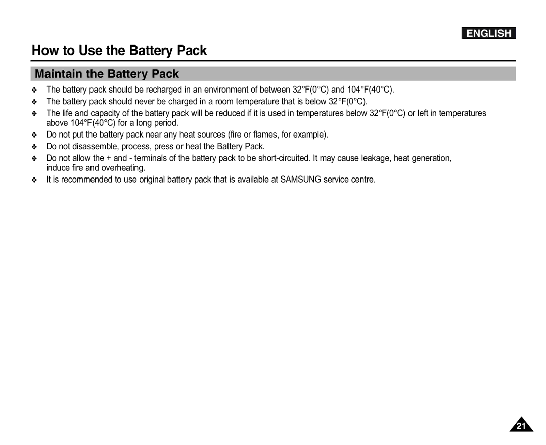 Samsung VP-X105L/SEO, VP-X110L/XEF, VP-X110L/XET, VP-X110LMEM, VP-X110L/XEC, VP-X110L/EUR manual Maintain the Battery Pack 