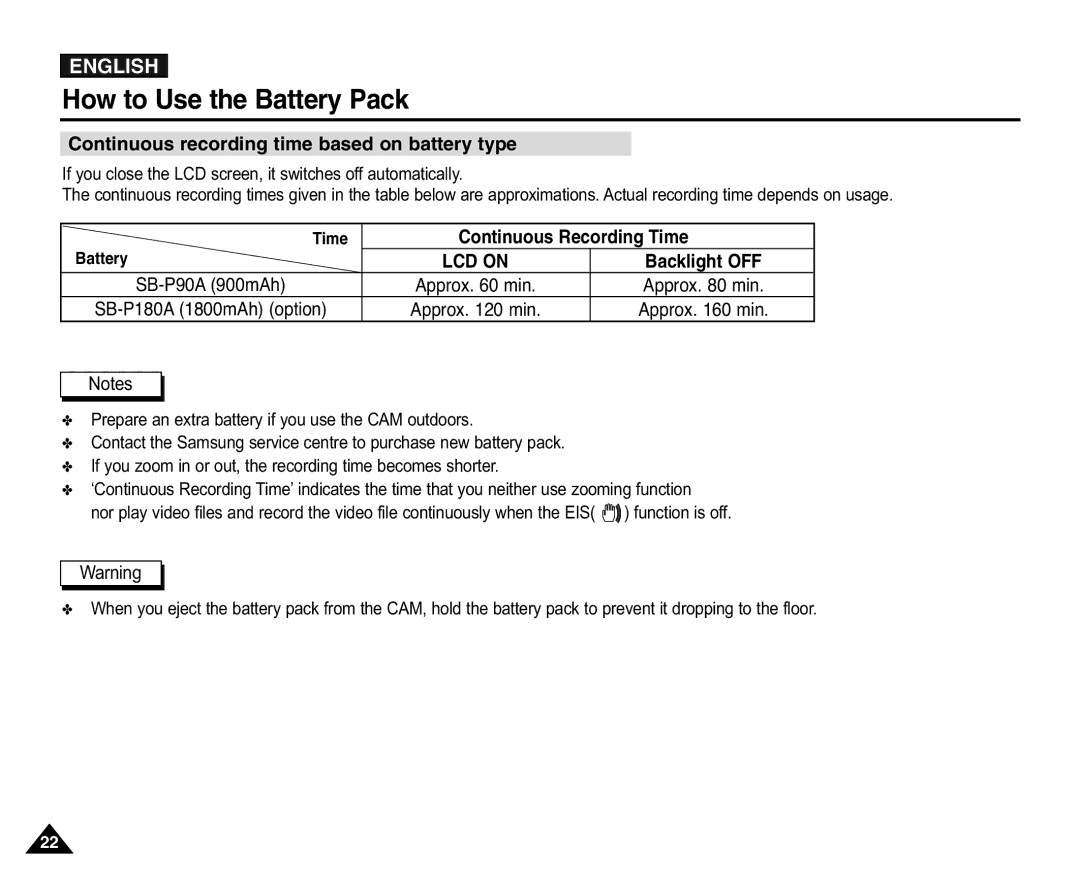 Samsung VP-X110L/XEV, VP-X110L/XEF, VP-X110L/XET Continuous recording time based on battery type, Continuous Recording Time 