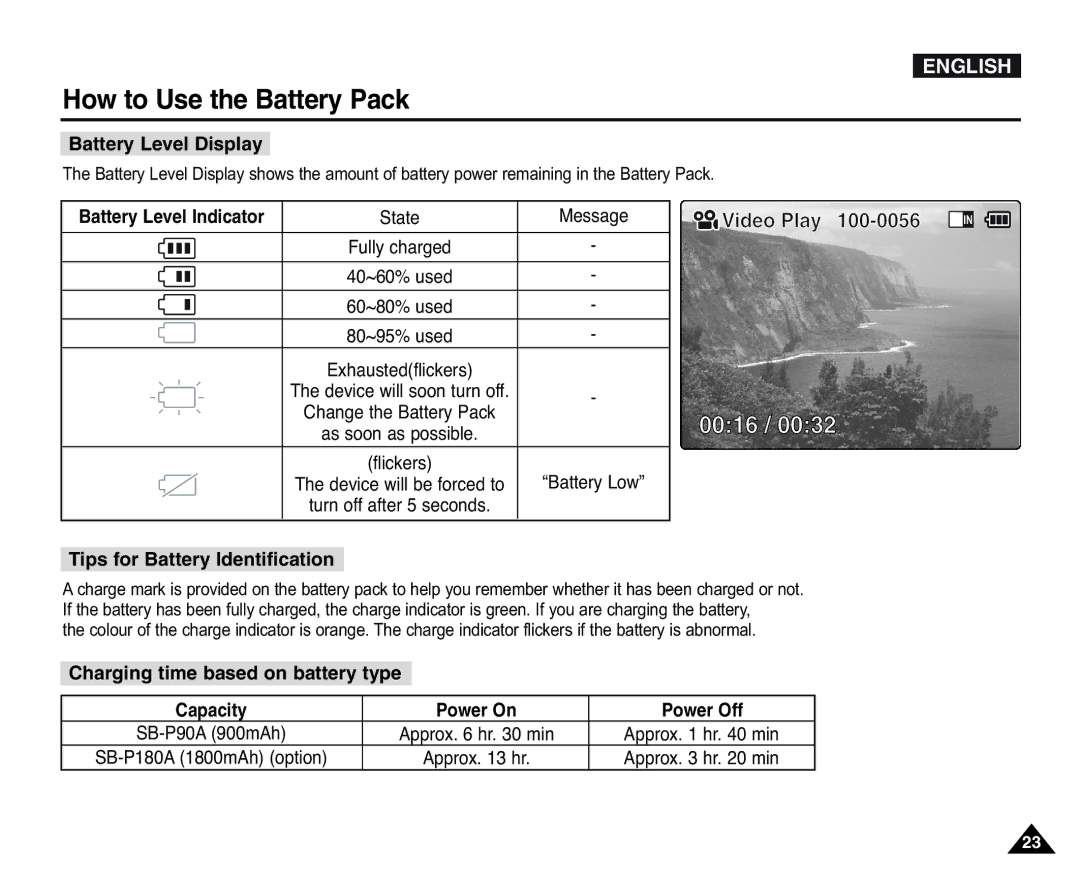 Samsung VP-X105L/XEV, VP-X110L/XEF 0016, Battery Level Display, Battery Level Indicator, Tips for Battery Identification 