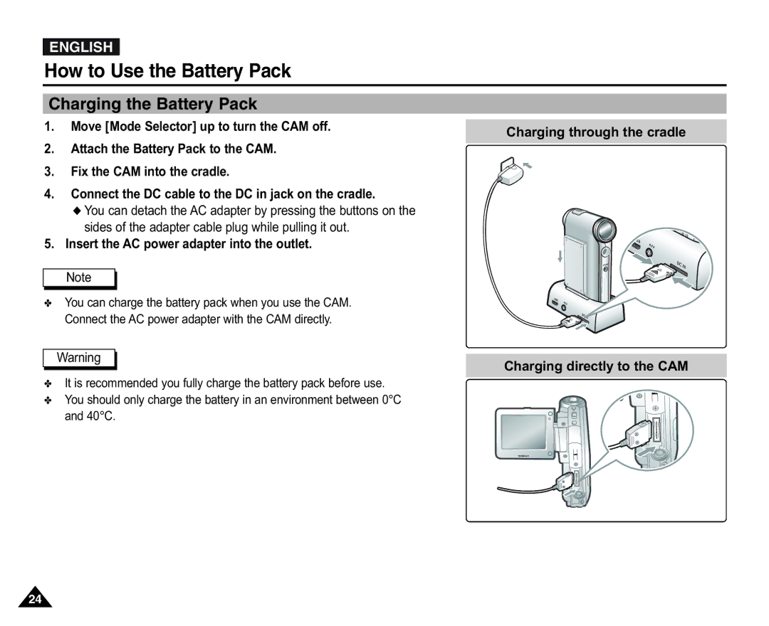 Samsung VP-X110L/XEG, VP-X110L/XEF, VP-X110L/XET, VP-X110LMEM manual Charging the Battery Pack, Charging directly to the CAM 