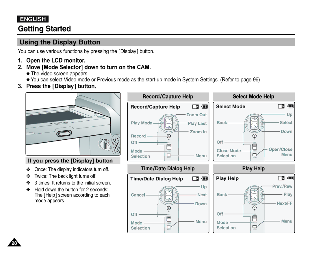 Samsung VP-X110LMEM, VP-X110L/XEF Using the Display Button, Press the Display button, Record/Capture Help Select Mode Help 