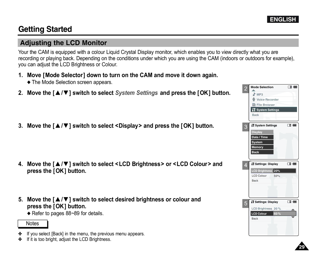 Samsung VP-X110L/XEC manual Adjusting the LCD Monitor, Mode Selection screen appears, Refer to pages 88~89 for details 