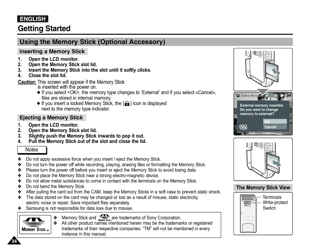 Samsung VP-X105L/SEO manual Using the Memory Stick Optional Accessory, Inserting a Memory Stick, Ejecting a Memory Stick 