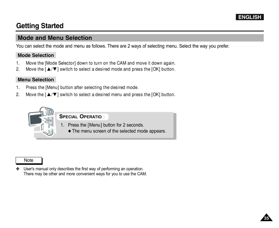 Samsung VP-X110L/XEV, VP-X110L/XEF, VP-X110L/XET, VP-X110LMEM, VP-X110L/XEC manual Mode and Menu Selection, Mode Selection 