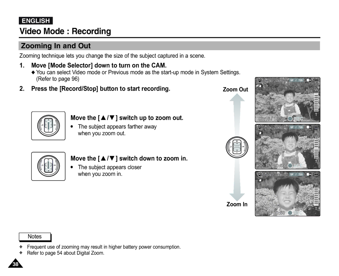 Samsung VP-X110L/COL manual Video Mode Recording, Zooming In and Out, Press the Record/Stop button to start recording 