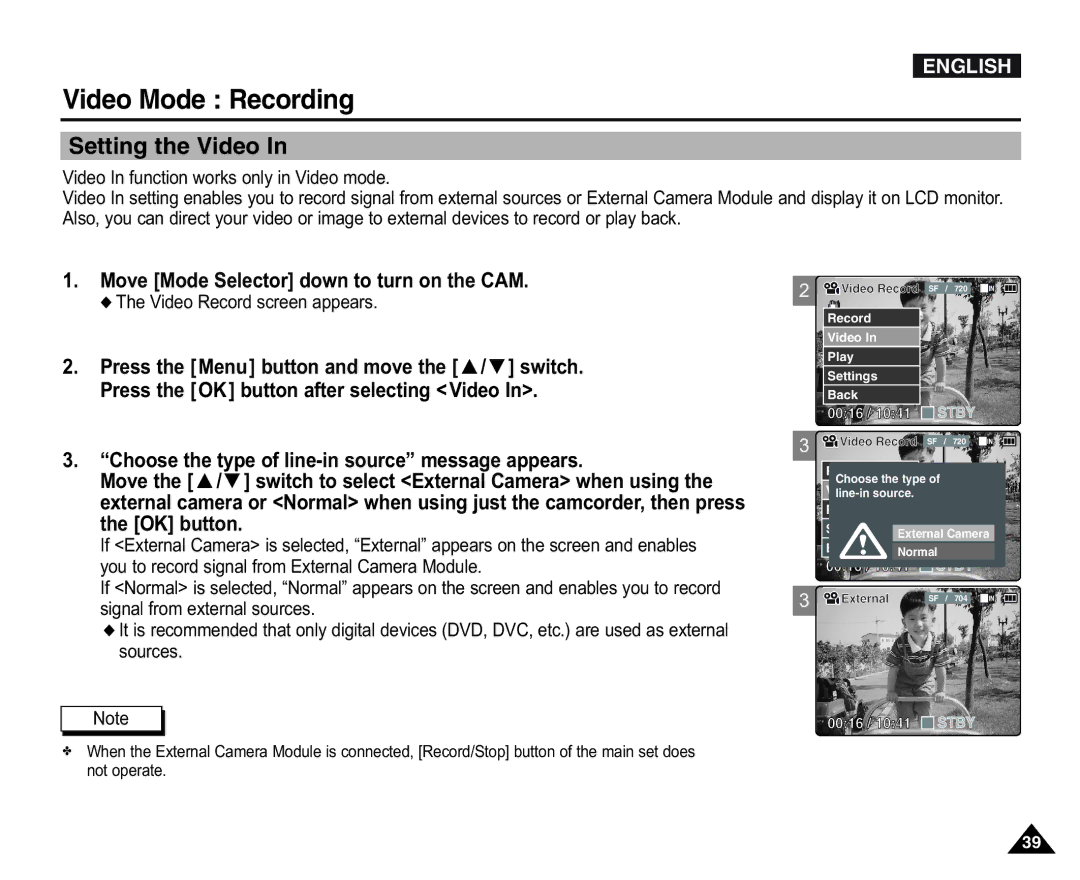 Samsung VP-X110L/XEF, VP-X110L/XET, VP-X110LMEM, VP-X110L/XEC, VP-X110L/EUR Setting the Video, Video Record screen appears 