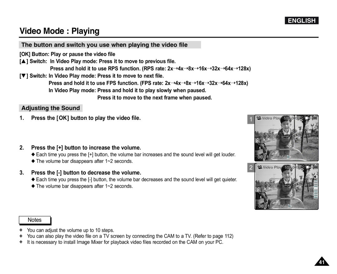 Samsung VP-X110LMEM manual Button and switch you use when playing the video file, Press the button to decrease the volume 