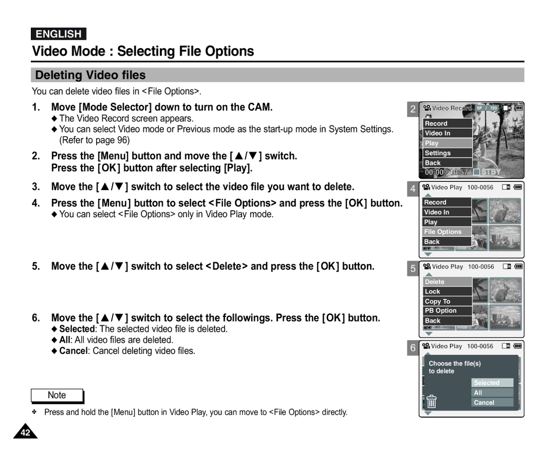 Samsung VP-X110L/XEC Video Mode Selecting File Options, Deleting Video files, Selected The selected video file is deleted 